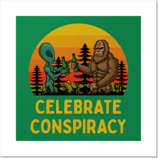 Celebrate Conspiracy: Bigfoot and Alien Drinking Beers Together Posters and Art